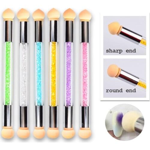 2pcs Shiny Rhinestones Handle Nail Gradient Brush Pen 2 Sides Cute Sponge Glitter Powder Picking Dotting Manicure Accessory Tool