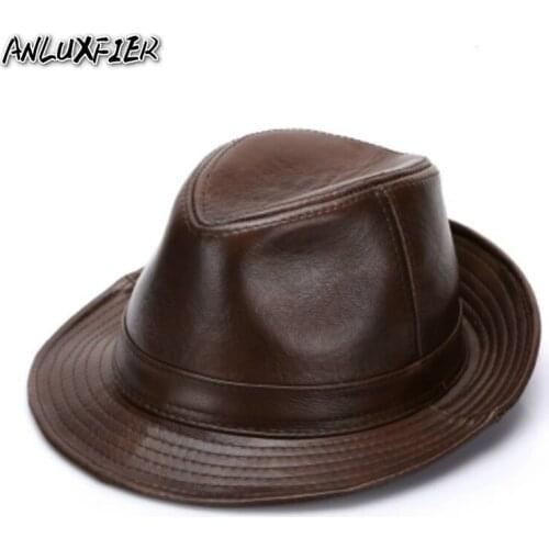 B-7284 New 100% Genuine Leather Hat Adult Fedoras Hat Male Sheepskin Fedoras Cap Male Cowboy Natural Skin Leather Hats
