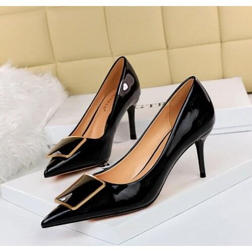 34-43 Plus Size Solid Sexy Women Shoes Patent Leather Pointed Toe Office Work 7.5cm High Heels Ladies Party Female Dress Pumps