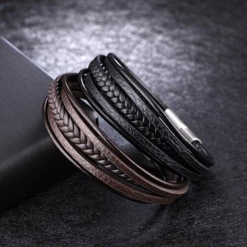 Stainless Steel Multiple Layers Buckle Brown Black Leather Bracelet Men Charm Sporty Boy Bangles Bracelets For Women Jewelry