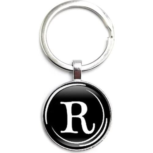 Black Classic 26 English Letters Key Ring Glass Cabochon Car Key Pendant Male and Female Keychain Gift Jewelry