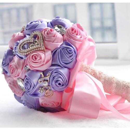 Hot selling purple +pink silk rose wedding bouquets wedding flower bridal bouquets for wedding