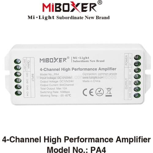Miboxer PA4 DC12V 24V Max. 15A 4-Channle 6A/CH High Performace RGB RGBW LED Amplifier Controller for RGB RGBW LED Strips