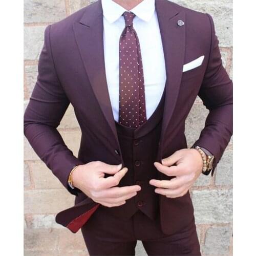 Custom Made Burgundy Men Wedding Suits Peaked Lapel One Button Formal Groom Tuxedos Prom Suits 3 Piece(Jacket+Vest+Pans+Tie)