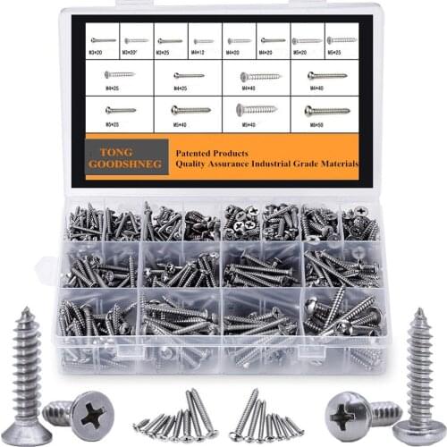 Self Tapping Screws Assortment Set,M3/M4/M5/M6 Stainless Steel Sheet Metal Screw Kit,Phillips Drive Wood Screw Round/Flat Head