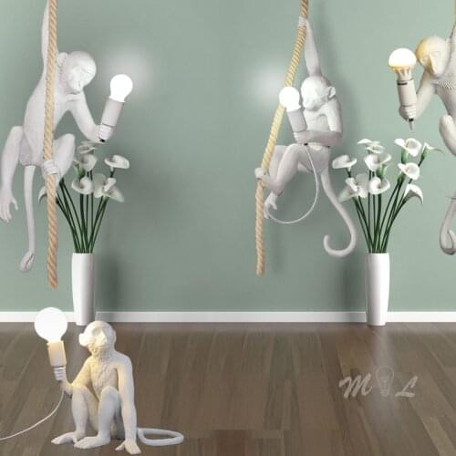 Resin Monkey Lamp Modern Pendant Lights Home Deco Hemp Rope Hanging Lamps Loft Luminaire Suspension Abajur Light Fixtures E27