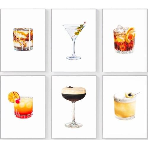 Nordic Whiskey Drink Posters Watercolor Tequila Sunrise Cocktail Canvas Painting Modern Wall Pictures Bar Restaurant Home Decor