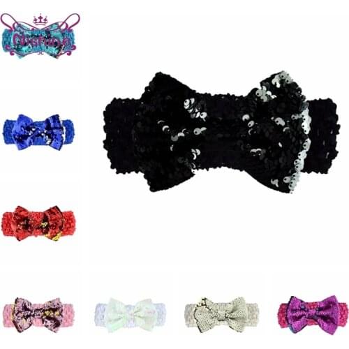 Nishine Solid Color Crochet Weave Elastic Hairband Baby Girls Glitter Sequins Bowknot Headband Boutique Bows Children Headwear