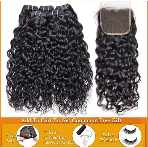 Lanqi Peruvian hair bundles with closure nonremy human hair weave bundles with closure Brazilian water wave bundles with closure