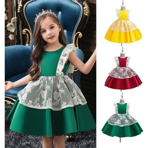 Xmas Princess Infant Girls Dress Formal Party Dress Ruffles Sleeve Lace Solid A-Line Dress 3 Colors