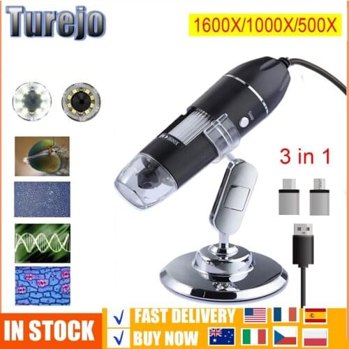 USB Microscope Handheld Portable Digital Microscope 3 In 1 Type-C Micro USB Electron Microscopes With 8 LEDs 1600X 1000X 500X