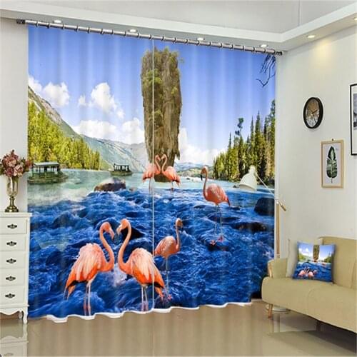 3D curtain blue Mediterranean digital shading photo print curtains flamingo Childrens bedroom curtains Drapes Rideaux