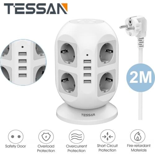 TESSAN Multi Outlets EU Power Strip Tower with On/Off Switch 8 Oultets 4 USB Extension Socket 2M/6.5ft Wire 110~250V 2500W