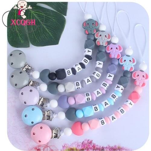 XCQGH 1PCS Customized Baby Name Pacifier Clips Silicone Beads Mini Elephant Dummy Chain Chew Baby Teether Toys Nipple Holder