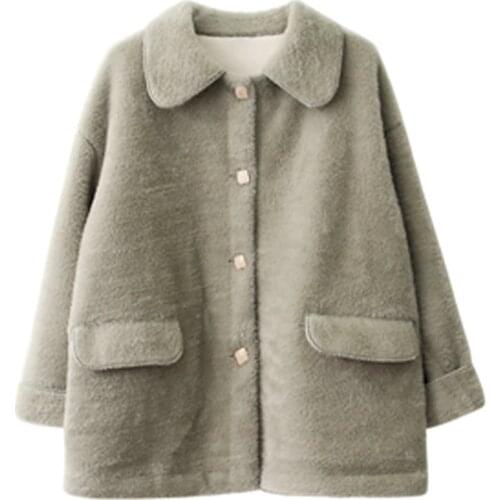 PERHAPS U Women White Green Solid Faux Fur Jacket Outwear Button Warm Thick Turn Down Collar Pocket C0276