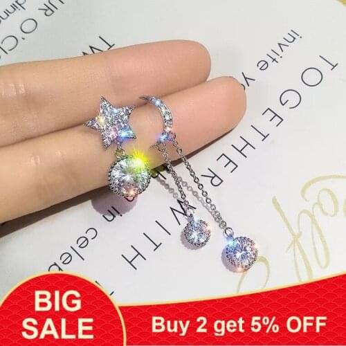 Cute Female Crystal Moon Star Drop Earrings Asymmetric Tassel Earrings For Women Boho Wedding Jewelry Long Dangle Earrings