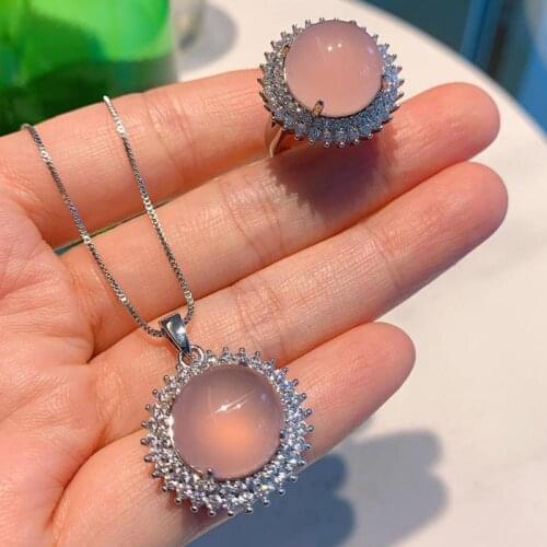 2021 New Trend 14*14mm Rose Quartz Rings Pendant Necklace For Women 925 Sterling Silver Gemstone Party Wedding Jewelry Sets Gift