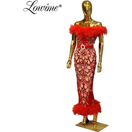 Robe De Soiree Tea Length Arabic Dubai Feather Evening Gown Mermaid Middle East Formal Party Dress 2020 Prom Dresses Long