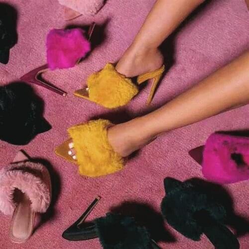 2021 European Station Sandals Candy Color Luxury Rabbit Fur High Heel Sandals Slippers Large Women Shoes Size 35-43