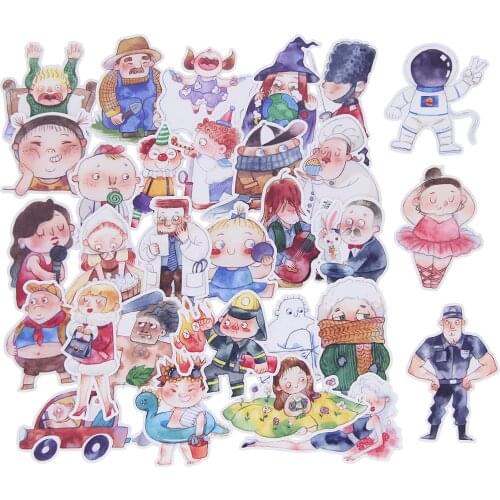 30pcs Waterproof People Policemen Fireman Singer Dancer Cartoon Cute Decorative Gift Sticker Pack for Kids Children Student