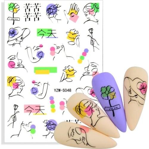 3D Self-adhesive Nail Decals Abstract Face Flower Design With Back Glue Nail Stickers Nail Art Slider Wraps Decorations Sticker