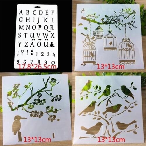 4pc/set Stencil Painting Template DIY Decor Flower Bird Scrapbook Coloring Diary Album Embossing Reusable Office School Supplies
