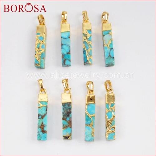 BOROSA 5/10PCS Gold Color Natural Turquoises Pendant, Natural Blue Stone Copper Stone Pendant Beads For Women Jewelry DIY G1531