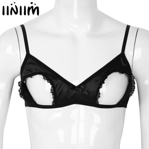 New Mens Sissy Pink Open Tip Bra Lingerie Gay Cross Dresser Training Bra Spaghetti Straps Nipples Wire-free No Padded Bra Tops