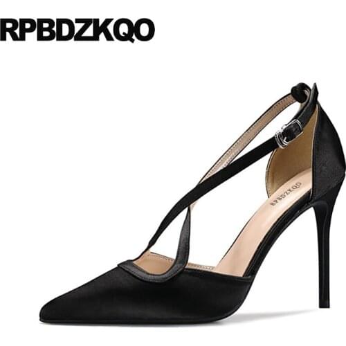 Black 10 42 Satin Cross Strap Shoes Thin Plus Size China 8cm Pointed Toe Ultra Big Women Pumps 2021 Designer Super High Heels