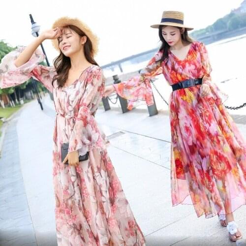 Korean dress summer new womens summer loose and fat Miaomiao large floor length dress super long Chiffon show thin