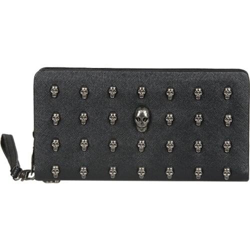 Men Leather Bag Skull Wallet Personality Clutch Bags Rivets PU Leather Purse Quality Zipper Card Holder Punk Wallets