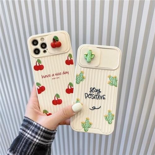 3D Cartoon Cherry Cactus Phone Case For iPhone 12 11 Pro X XR XS MAX 7 8 Plus Slide Camera Lens Protection Soft Back Cover