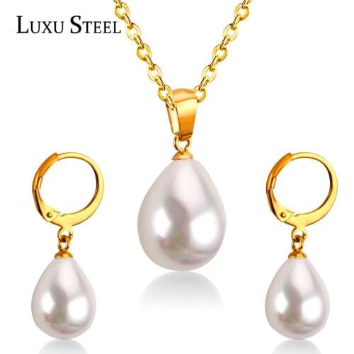 LUXUSTEEL Bridal Jewelry Sets Drop Water Shape White/Black/Red/Blue Shell Bead Pendant Necklace For Women Drop Earrings Brinco