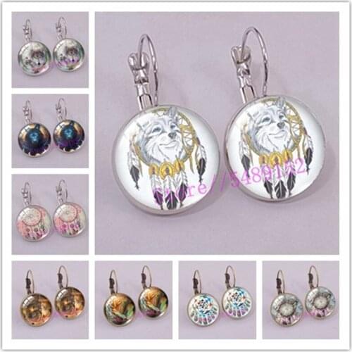 New Wolf Dream Catcher earrings Dreamcatcher Animal Painting earrings Glass Cabochon Pendants Art Jewelry