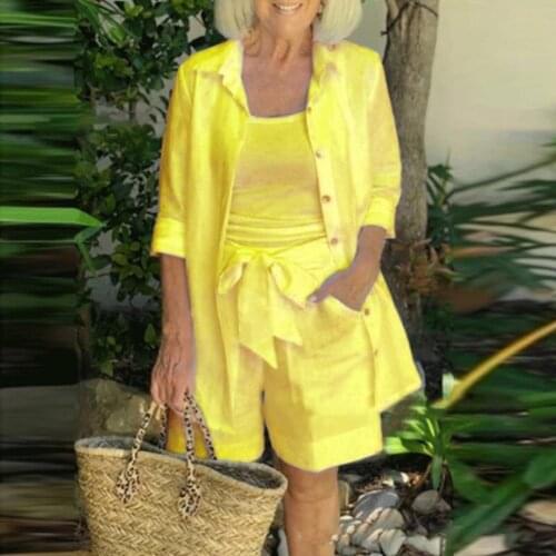 2021 Autumn Fashion Solid Color Three Piece Set Women Casual Sling Shirts Coat And Elastic Waist Shorts Loose Outfits Streetwear