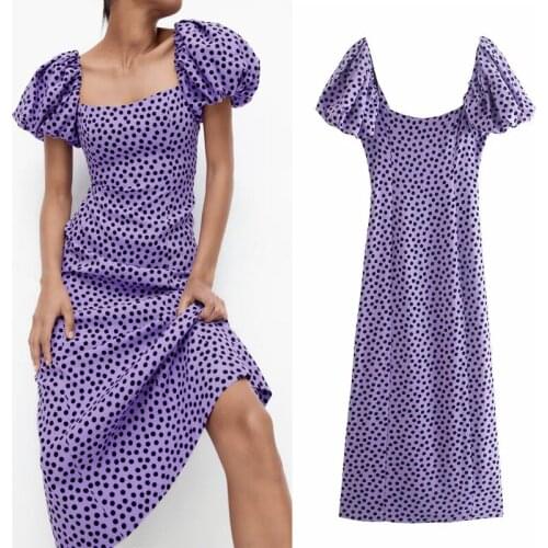 TRAF Za 2021 Polka Dot Dress Women Purple Summer Long Dresses Woman Square Neck Short Puff Sleeve Backless Midi Elegant Dress