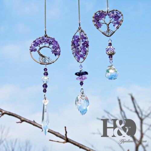 H&D 3pcs Healing Purple Stone Tree of Life Crystal Suncatcher Hanging Pendant with Glass Prism Ball Charm Chakra Window Ornament