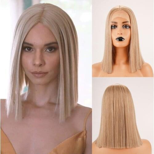Honey Blonde Straight BOB Wig Malaysian Transparent Lace Part Front Synthetic Hair Short Wigs For Black Women