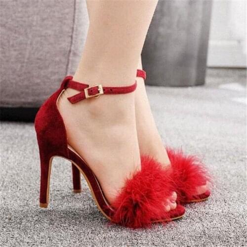 Women sandals wedding Party banquet Flock Buckle Strap 9.5CM Thin High Heels Round Toe zapatos de mujer women shoes size 35-42