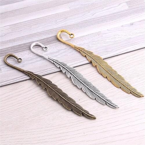 Sweet Bell 6pcs 14*117 mm Three colors fashion classics big feather shape two color lead free metal alloy bookmark 13C1642