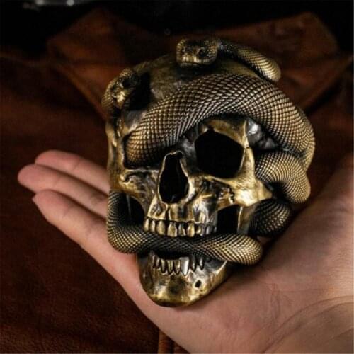 Halloween Skull Statue Horror Snake On Skeleton Head Ornament Resin Decorative Figurine Wall Decor Home Decoration
