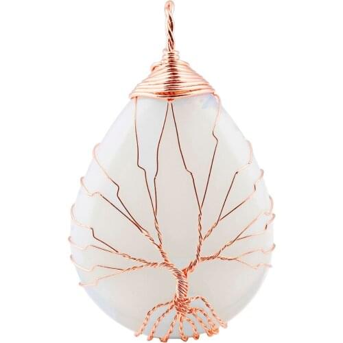 SUNYIK Opal Opalite Stone Teardrop Copper Wire Wrapped Tree of Life Pendant,Healing Jewelry