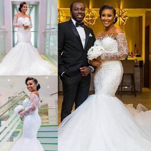 Beaded Pearls Mermaid Wedding Dresses Long Sleeves Off-shoulder Bridal Gowns Plus Size Button Back Sheath Wedding Gowns Bride