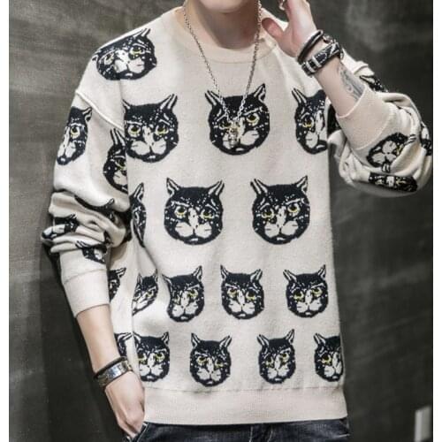 LDKVGSU Cartoon Cat Mens Sweaters Clothing Winter Warm Knitted Sweater Men Casual Pullovers Cotton Men Clothes Long Sleeve 2021