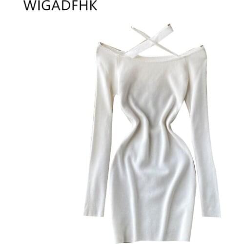 WIGADFHK 2021 Autumn New Strapless Knitted Dress Feminine One-shoulder Strap Fashion Party Dress
