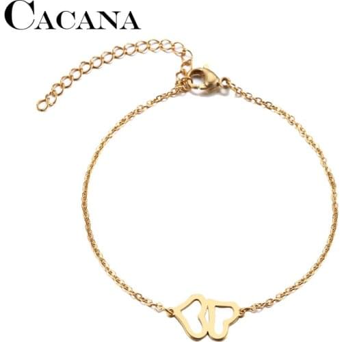 CACANA Stainless Steel Bracelet For Women Man Double Heart Gold And Silver Color Pulseira Feminina Lovers Engagement Jewelry