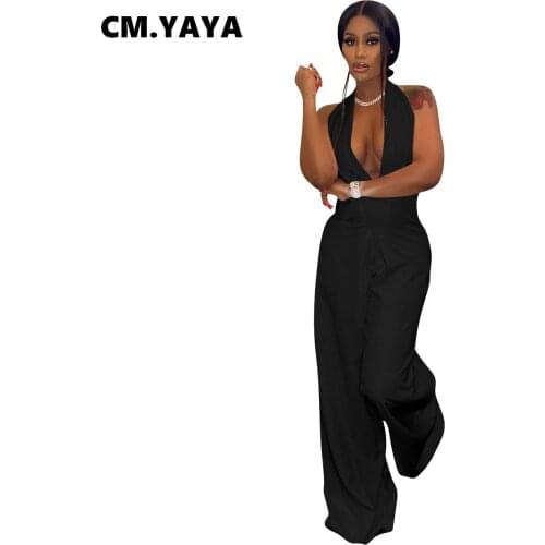 CM.YAYA Women Jumpsuit Solid Sleeveless Bandage Halter V-neck Backless Wide Leg Loose Jumpsuits Sexy Fashion Outfit Summer 2021