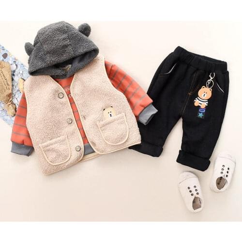 New winter Fashion Casual Children Clothes Boys Baby Girls plus velvet Vest T Shirt Pants 3Pcs/Sets Kids Cartoon warm Cotton set
