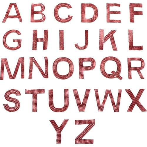 52pcs 26 Letters Patches Glitter Hotfix Rhinestone Alphabet A-Z Applique Patches Shining for Clothing Embroidered Name DIY Red