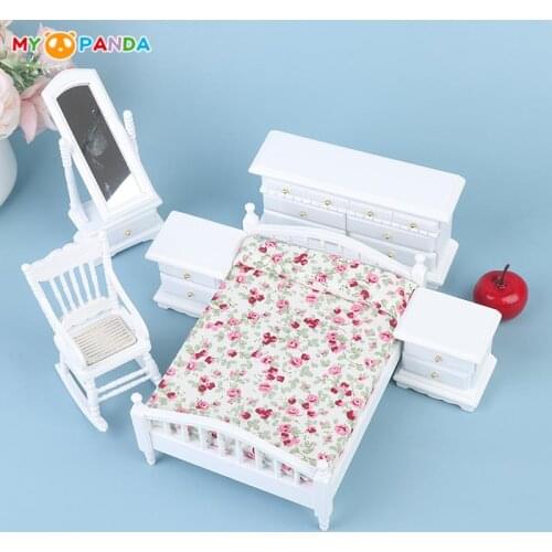6pcs 1:12 Dollhouse Furniture Set Doll House Bedroom Accessory Kits Wooden Double Bed Long Mirror Table Chair Bedside Cabinet